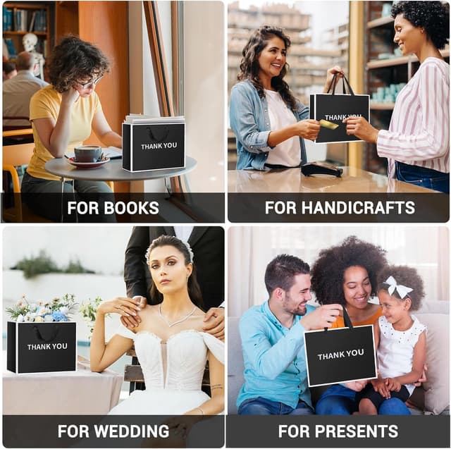 Detalle 2 de EUSOAR Thank You Bags (10 Pack) Thick Black Paper Gift Bags, Medium M with Handles