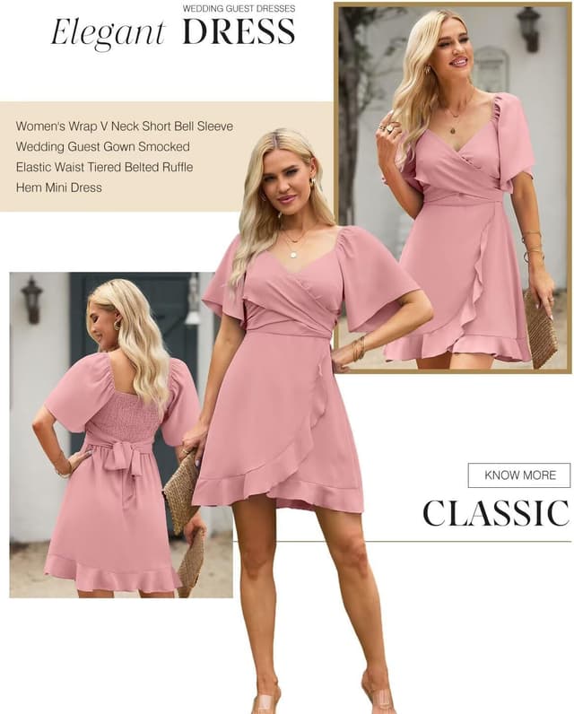 Detalle de Dokotoo Women’s Wrap V-Neck Tiered Ruffle Mini Dress with Smocked Elastic Waist