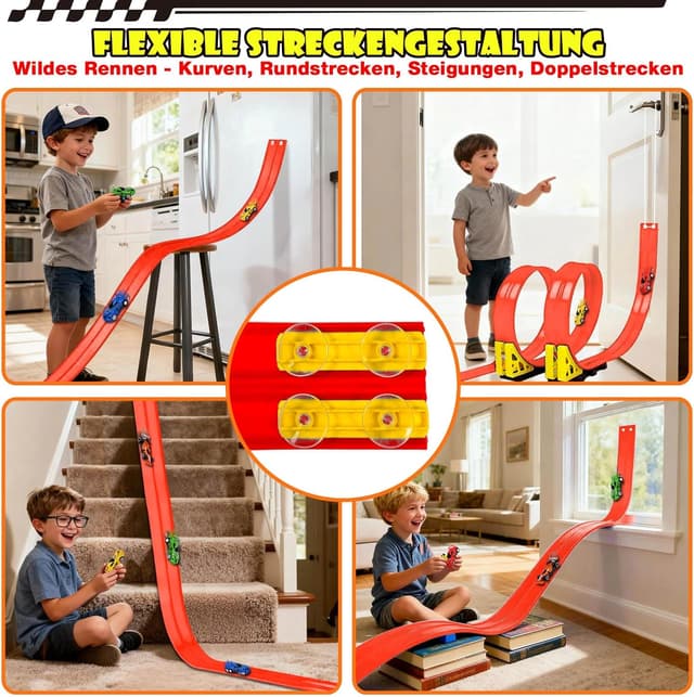 Detalle de EKXXHVLS Rennbahn Kinder 5M – flexible Autorennbahn mit 6 Autos, Dual-Loop & Rampen (Orange)