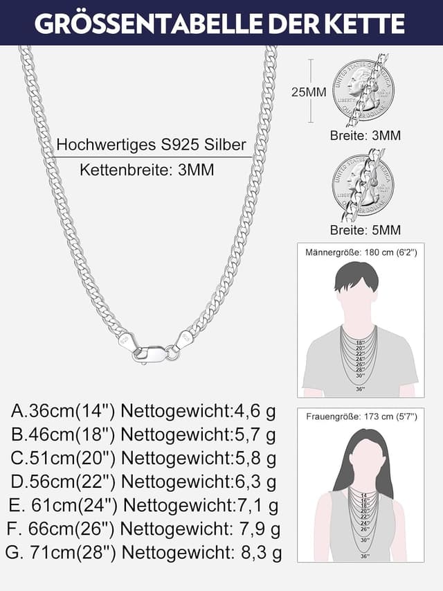 Thumbnail 6 de Bandmax 925 Silber Panzerkette Herren/Damen (3/5 mm) in Sterling Silber – inkl. Geschenkbox, Längen 36–71 cm