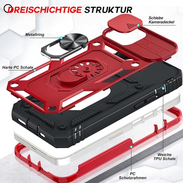 Detalle de LeYi iPhone 14 6.1" case with sliding camera cover, 360° armour protection and ring stand (2-pack tempered glass)