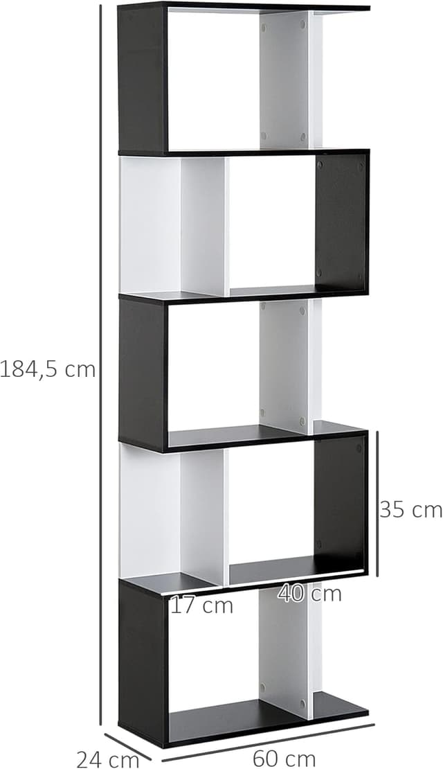 Detalle de HOMCOM Bibliothèque à 5 niveaux en S, meuble de rangement 60 x 24 x 184,5 cm Noir & Blanc