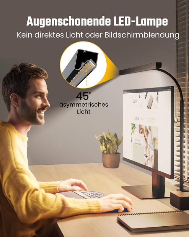 Detalle de RIXGLEAM LED-Schreibtischlampe dimmbar, klemmbar mit 45°-Streuwinkel und Schwanenhals für Homeoffice