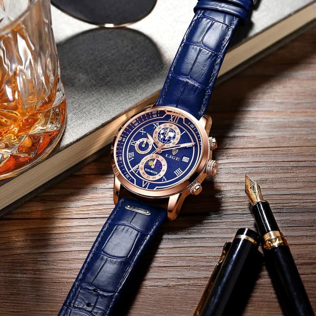 Detalle 2 de LIGE Herren Armbanduhr mit Lederarmband, Quarzwerk, Chronograph-Optik, Datum & Mondphase – wasserdicht bis 30 m