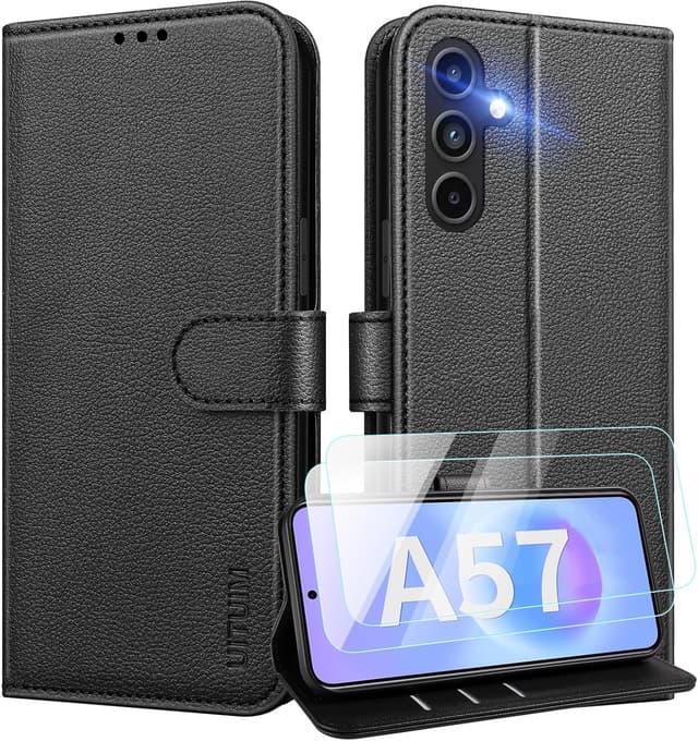 Detalle de UITUIM Leather Wallet Phone Case for Samsung Galaxy A57 5G (Black) with Tempered Glass Screen Protector