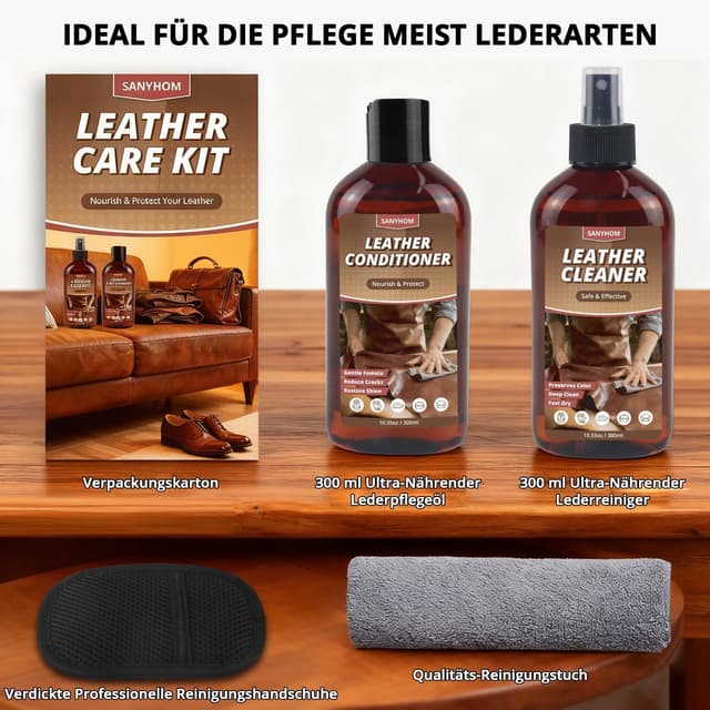 Detalle de SANYHOM Lederpflegeset mit Lederreiniger & Pflegemittel – inkl. Reinigungstuch-Handschuh, 2× 300 ml