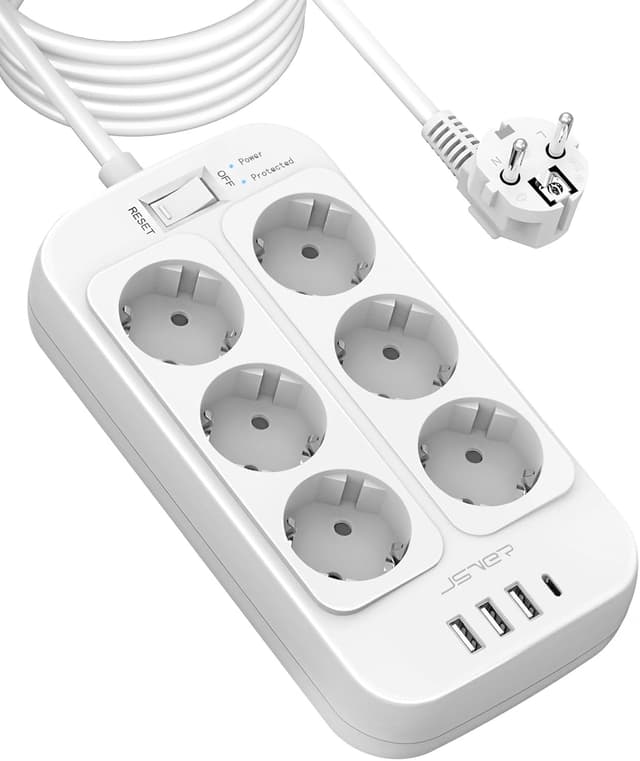 Detalle de JSVER Multipresa Ciabatta Elettrica con 6 prese AC, 3 USB-A e 1 USB-C fino a 3680W e cavo da 5 m (bianco)