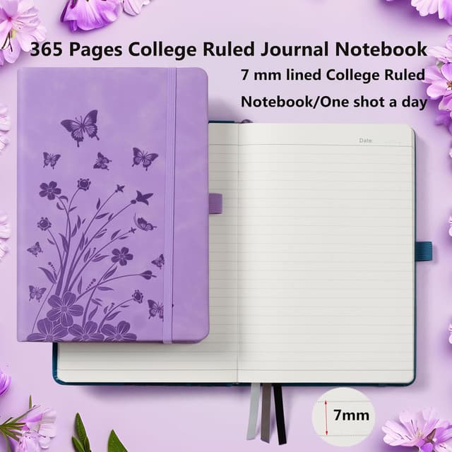 Detalle de HwxBen B5 Lined Hardcover Leather Journal Notebook (365 Pages) – Lavender