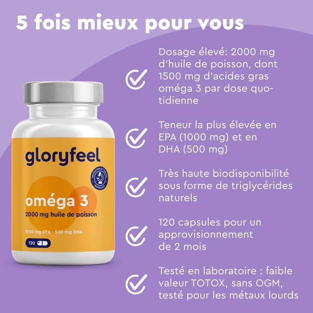 Detalle de Omega 3 2000 mg Huile de poisson sauvage (rTG) – 1000 mg EPA + 500 mg DHA, 120 gélules