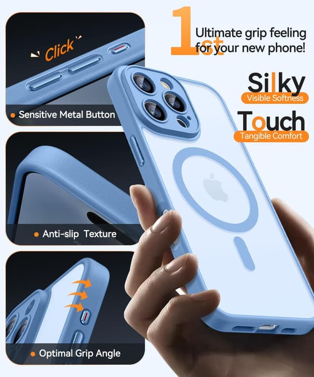 Detalle de CANSHN Magnetic for iPhone 16 Pro case (6.3") with full camera protection, matte translucent shockproof design – Light Blue