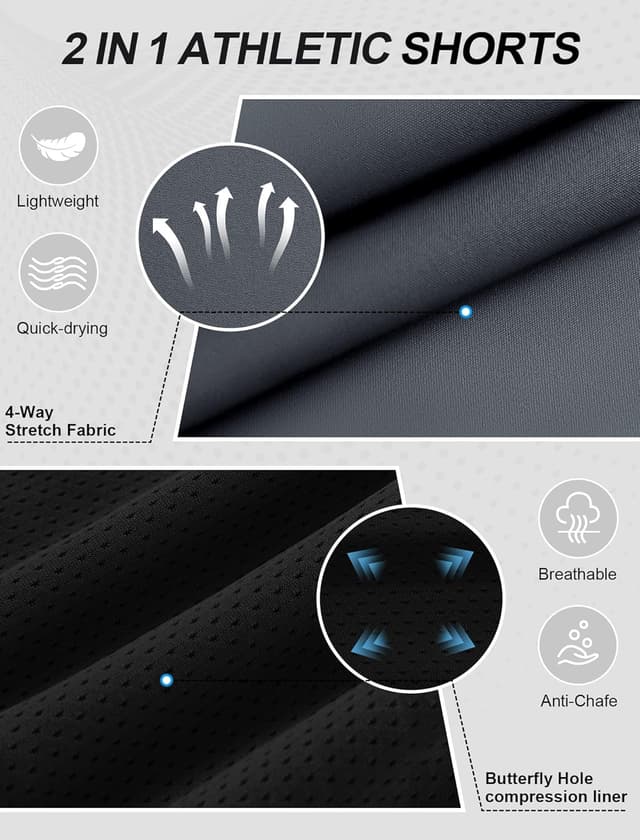 Detalle de Veepro men’s 2 in 1 running shorts with compression liner, quick-dry 7" and zip pockets