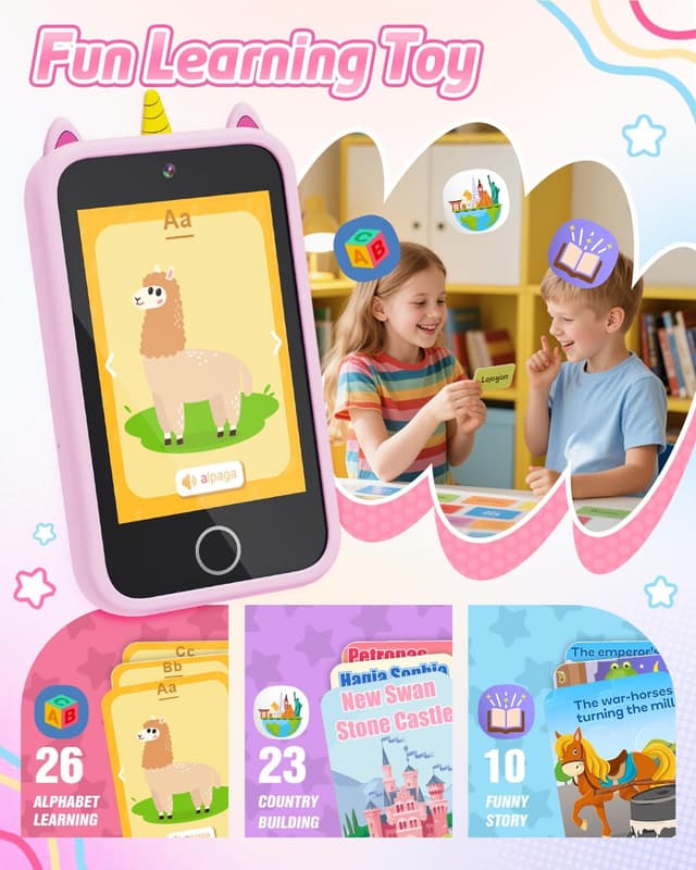 Detalle de Kids Smart Phone Unicorn Toy Phone (3.5") for Girls 3–9+ with Dual Camera, Storytelling, Music Player