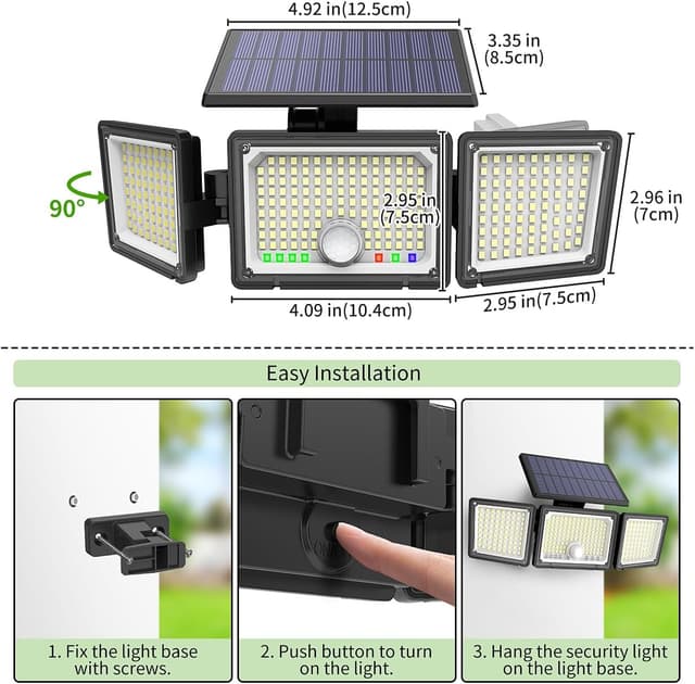Detalle de CLAONER Solar Lights Outdoor 286 LED Motion Sensor Security Light (3 Heads) with IP65 – 2 Pack