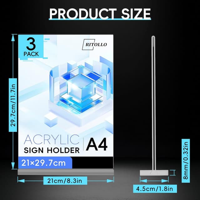 Detalle 2 de RITOLLO 3 Pack A4 Acrylic Sign Holder, Double Sided T-Shape Countertop Display (Clear Perspex)