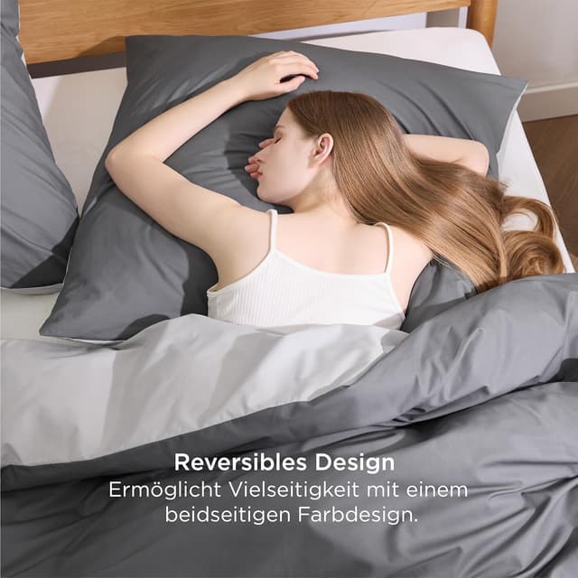 Detalle de BEDSURE Bettwäsche 135x200 aus Baumwolle, 4-teilig (Wendebettwäsche) in Anthrazit/Grau