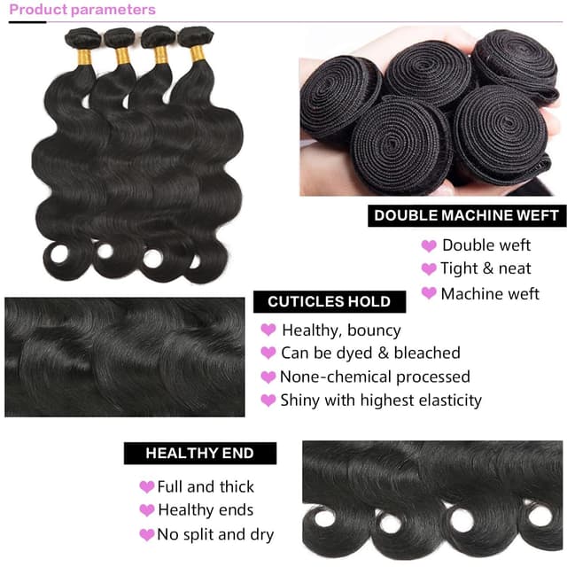 Detalle 2 de 12A Human Hair Bundles Brazilian Virgin Body Wave (18/20/22/24 Inch) — 4 Bundle Set