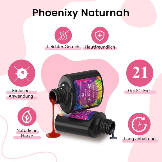 Detalle de Phoenixy UV Nagellack-Set (24-teilig) mit 21 Farben, Base & glänzend/matt Decklack
