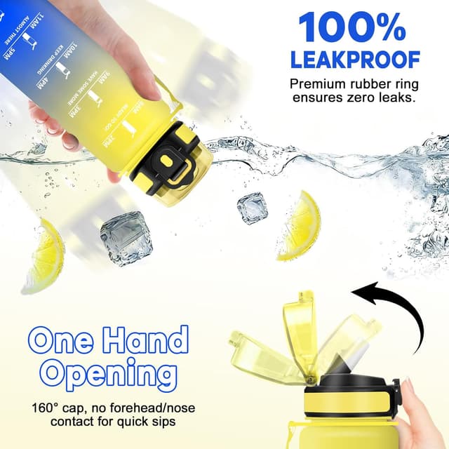 Detalle de JAPORIA Auslaufsichere Trinkflasche 1 l mit Strohhalm, Kohlensäure geeignet & Zeitmarkierung