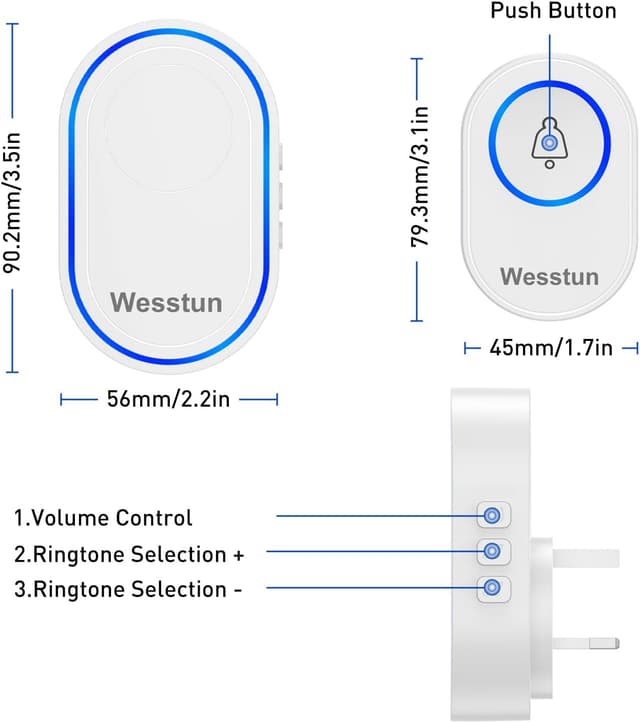Detalle de Wesstun Wireless Doorbell (Waterproof) with 39 chimes and 5-volume levels, White