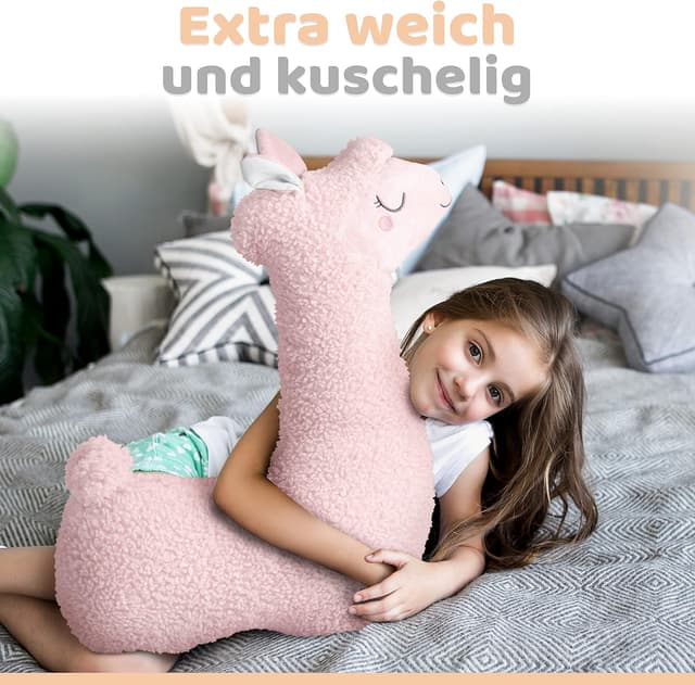 Detalle 2 de Engelshof Alpaka Kuschelkissen Lama XXL Plüschtier & Seitenschläferkissen (100 cm) – weich zum Kuscheln und Schenken