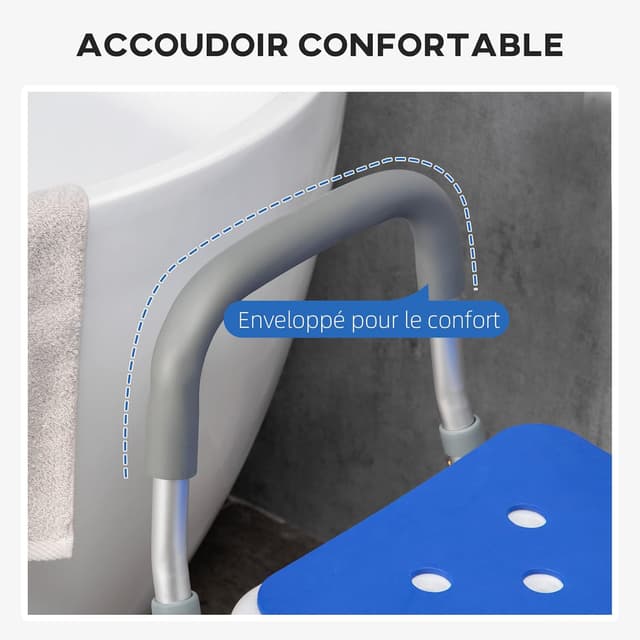 Detalle de HOMCOM Tabouret de douche chaise ergonomique à hauteur réglable (6 niveaux) en alu et HDPE, 136 kg max