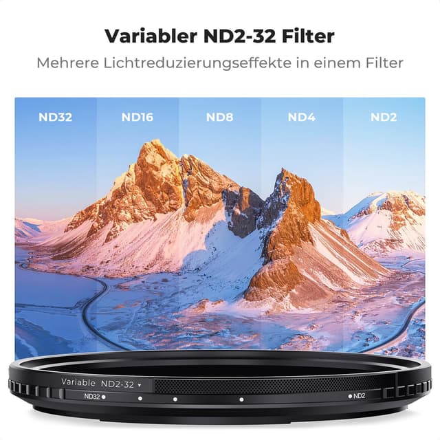 Detalle de K&F CONCEPT Magnetischer Variabler Graufilter ND2–32, 72 mm (Nano-Xcel, 1–5 Blendenstufen) mit Magnet-Objektivadapter