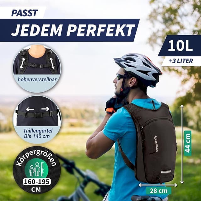 Detalle de SASMO Sports Fahrradrucksack 10l + 3l mit Trinkblase, Thermofach und Helmnetz