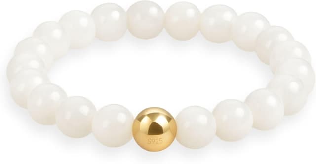 Detalle de GD GOOD.designs EST. 2015 Anneau antistress en pierres naturelles : bague élastique femme à perle S925 dorée (tailles 54-60)