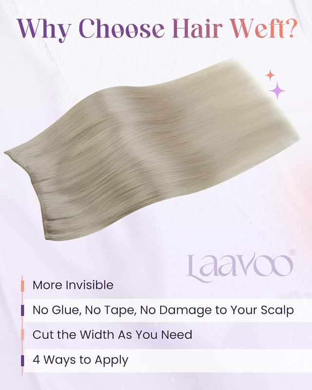 Detalle 2 de LaaVoo Echthaar Extensions Tressen (Platinblond, #60), zum Einnähen – 80 g, 30 cm