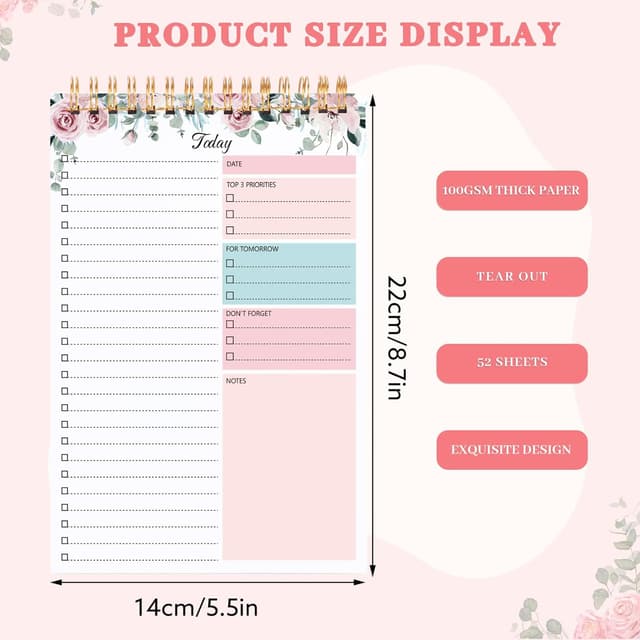 Detalle de 2 Pack Undated To Do List Notepad (A5 Spiral) – 208 Pages Double-Sided Planner for Work, Study & Personal