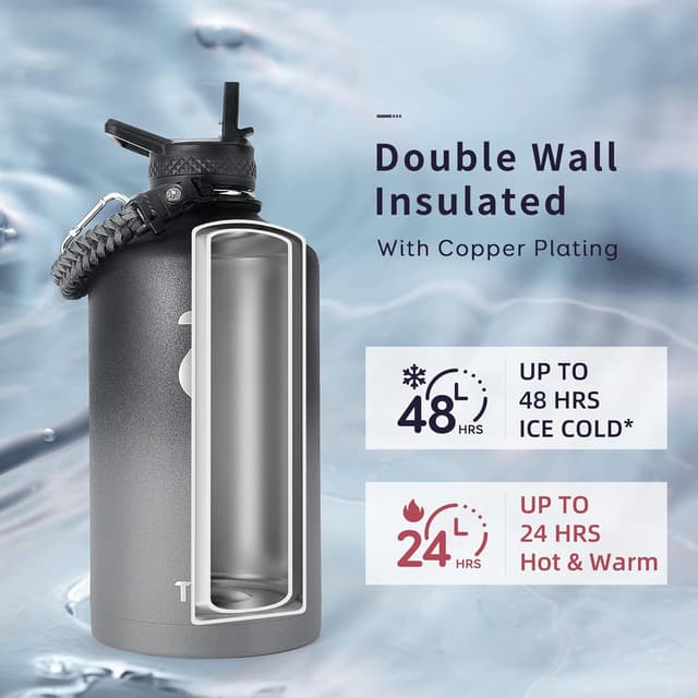 Detalle 2 de Trebo One Gallon Insulated Water Bottle (128oz) with Paracord Handle, Double-Wall Stainless Steel, Leakproof Lids