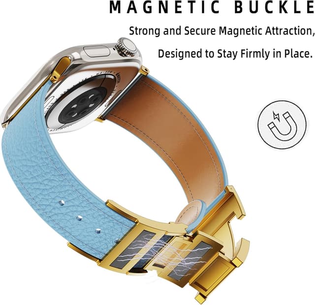 Detalle de Leather Watch Band with Magnetic Buckle for Apple Watch Ultra & Series 1–9 (49mm–38mm) – Natural Cowhide Strap