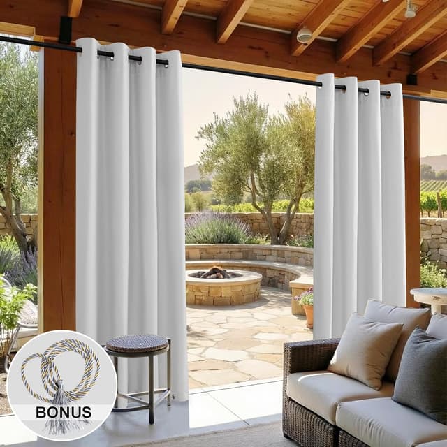 Detalle de Clothink 2er-Set Outdoor Vorhänge wasserfest, winddicht & schnelltrocknend (255x215 cm), Grau-Weiß