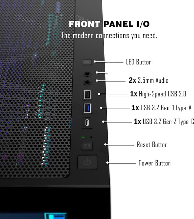 Detalle 2 de ANSAITE C9 PC Case (ATX Mid Tower) with 7×120mm PWM ARGB Fans, Panoramic 270° Tempered Glass, USB Type C, Black