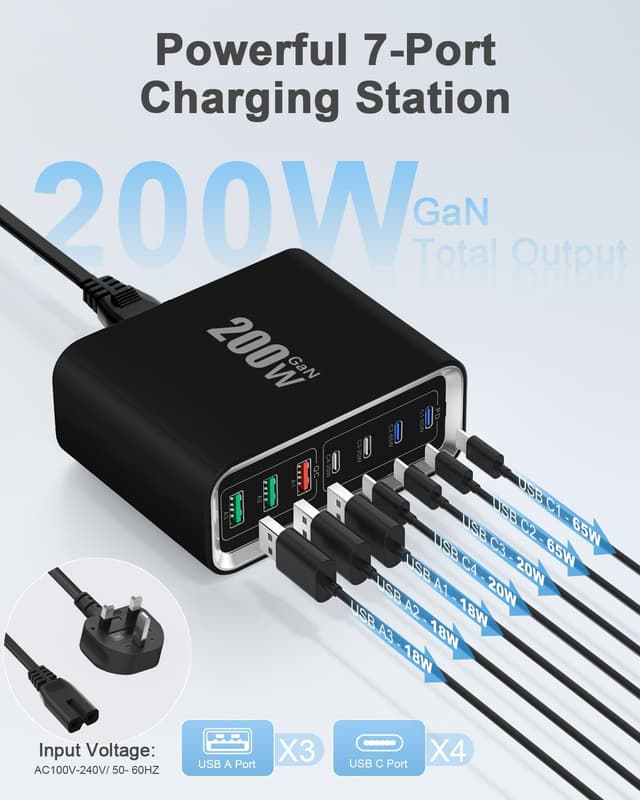 Detalle 2 de Suiwel USB-C 200W GaN 7-Port Fast Charging Station Hub with 65W Laptop Port