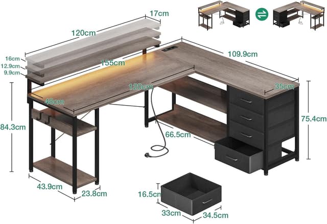 Detalle de ODK Scrivania ad angolo reversibile con 2 prese, 2 porte USB e LED (Quercia Grigia) 155x110 cm