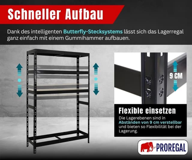 Detalle de PROREGAL Reifenregal Tiger (180 x 120 x 40 cm) für bis zu 6 Reifen + 3 Ablagen, Schwarz