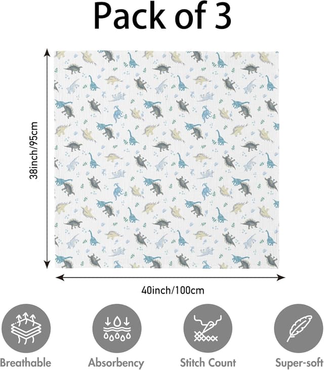 Thumbnail 3 de Blue Dinosaur Muslin Swaddle Blankets 38x40 inches