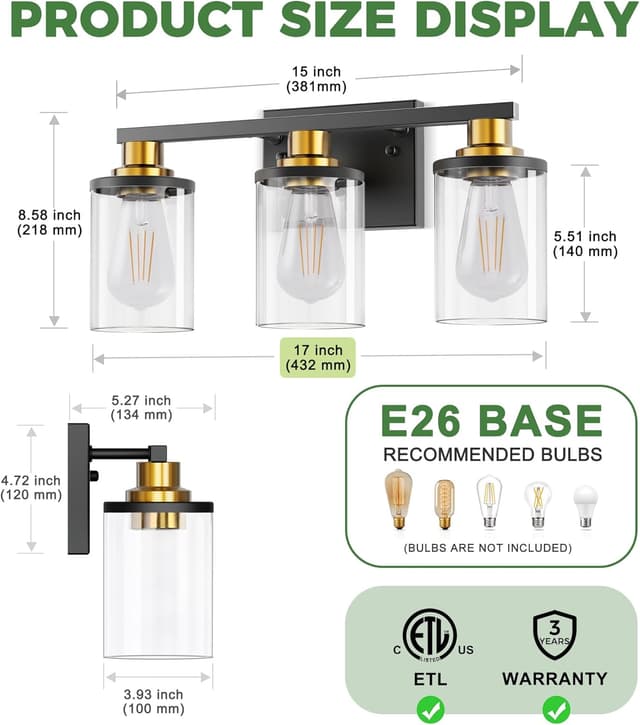 Detalle 2 de DORESshop 3-Light Black and Gold Bathroom Light Fixture (Clear Glass Shades) — ETL Listed, E26