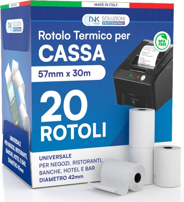 Detalle de Rotoli termici per registratori di cassa: 20 rotolini omologati 57 mm x 30 m, diametro 42 mm (senza BPA) compatibili Nexi Axerve Ingenico