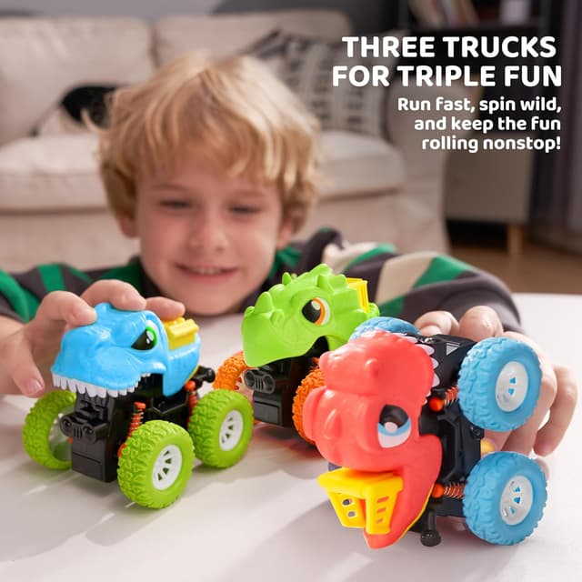 Detalle de lalalark Dinosaurier-Spielzeug: 3er-Set Monstertrucks mit Reibungsantrieb (Push-and-Go), für Jungen 3–4 Jahre