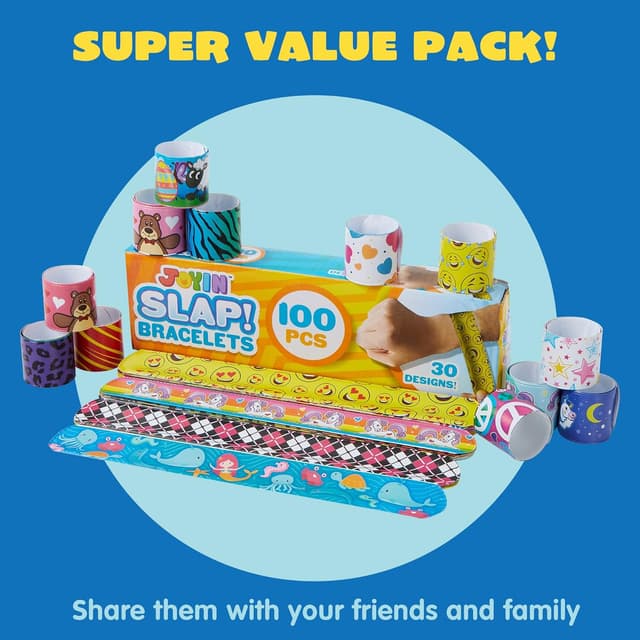 Detalle de JOYIN Slap Band 100er Pack Slap-Armbänder mit 30 Designs (u. a. Einhorn, Herzen) – 22 cm