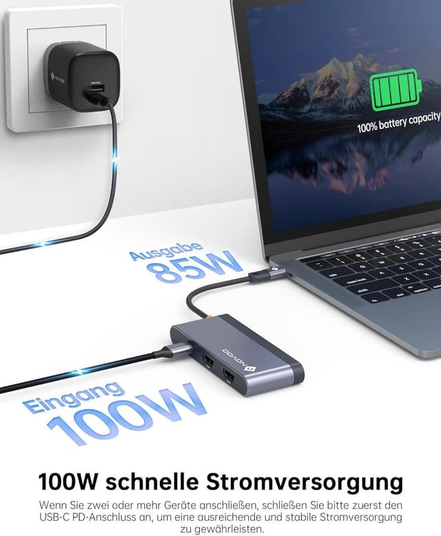 Detalle de NOVOO USB-C-Dockingstation mit Dual HDMI (bis 4K@60Hz), USB-A Hub, PD 100W und 2x HDMI