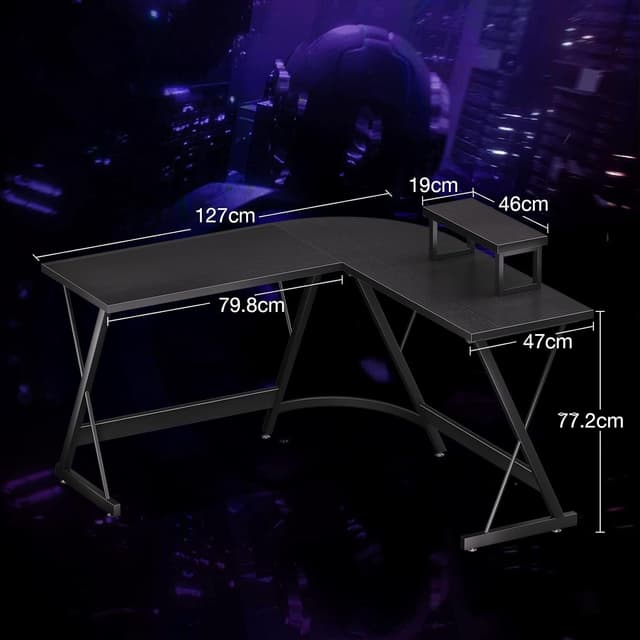 Detalle de ODK L Shaped Gaming Desk with Monitor Stand (127x127x75 cm) – Black