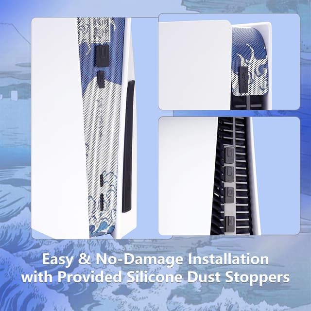 Detalle de playvital Dust Filter and Port Plug Set for PS5 Disc & Digital Console (Great Wave Off Kanagawa) – anti-dust kit