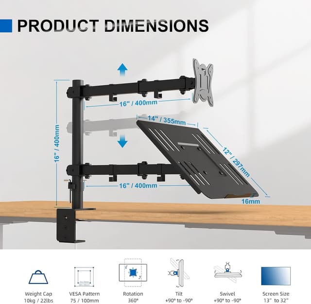 Detalle de GRIFEMA 2 Supporto per monitor con ripiano per laptop, braccio VESA 75x75/100x100 e rotazione 360°