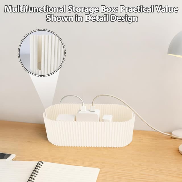 Detalle de Cable Tidy Box wire cable storage organiser box (white) for desk power strips and leads