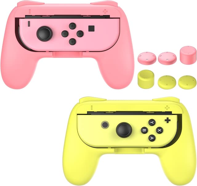 Detalle de FASTSNAIL grip kit for Nintendo Switch & OLED controllers (2-pack with 6 thumb grips) in matte pink & matte yellow