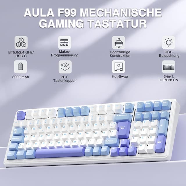 Detalle 2 de AULA F99 mechanische Gaming-Tastatur (kabellos) mit QWERTZ, Hot Swap, BT5.0/2,4 GHz/USB-C und RGB