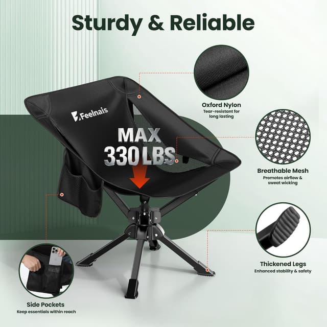 Detalle 2 de Feelnais Folding Camping Chair (360° Swivel) — Lightweight, Portable, No-Assembly Outdoor Chair for Adults